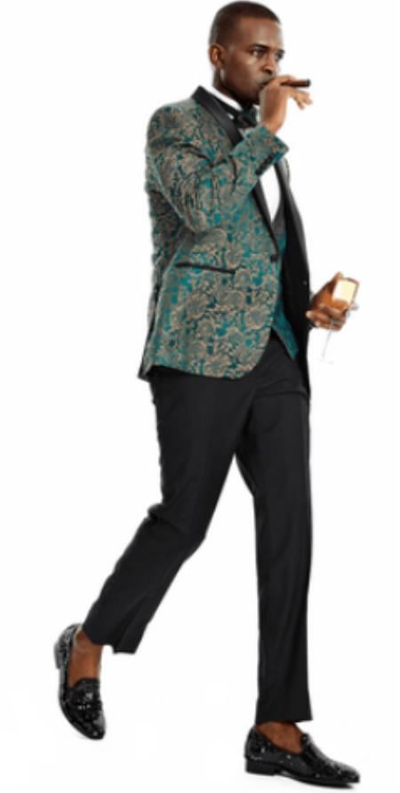 Mens One Button Paisley Skinny Fit Prom 2025 Suit Green