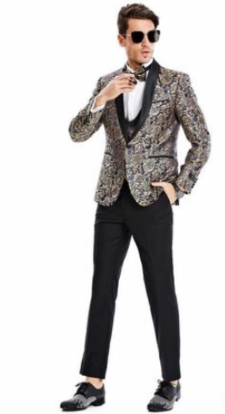 Mens One Button Paisley Skinny Fit Prom 2026 Suit Blue