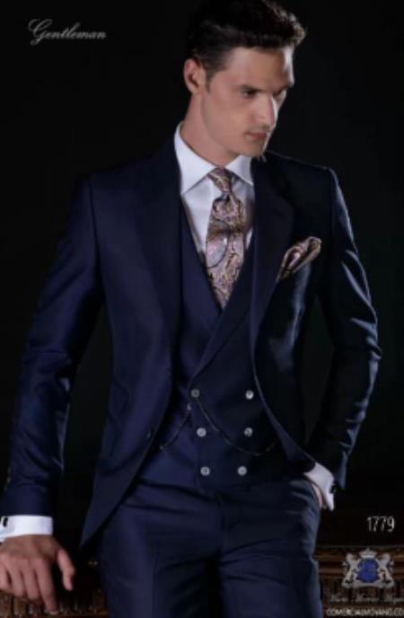 Mens Suits with Double Breasted Vest - Single Button Peak Lapel "Navy Blue" Suits
