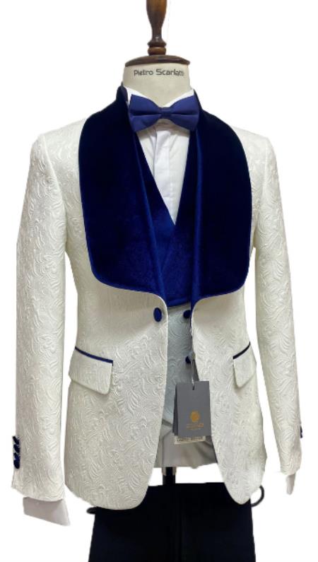 Ivory and Royal Blue Tuxedo Dinner Jacket Wide Velvet Groom Tuxedo Jacket - Prom 2026 Blazer