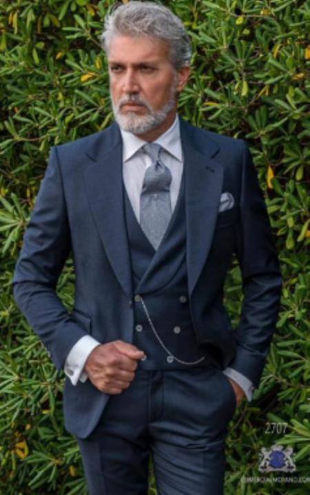 Mens Suits with Double Breasted Vest - Single Button Peak Lapel Silver Suits
