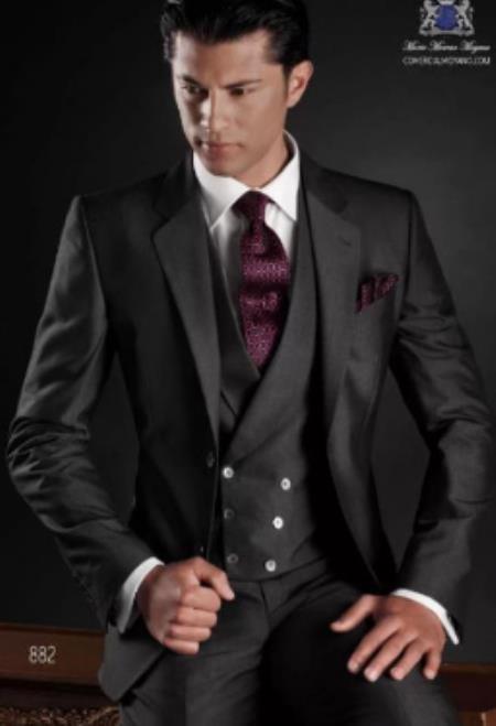 Mens Suits With Double Breasted Vest - Single Button Peak Lapel Gray Suits