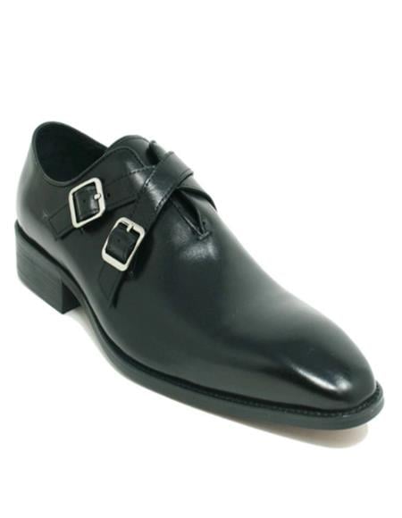 Carrucci Black Leather Cross Double Buckle Monk Strap Mens Loafers