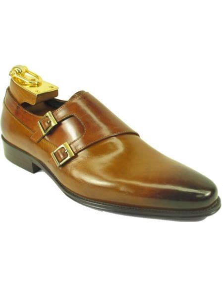 Carrucci Cognac Calfskin Leather Double Monkstraps