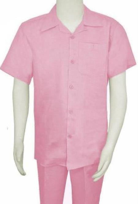 Men’s Lilac Pink Linen Walking Suit with Short Sleeve Shirt and Matching Pants, Summer Casual Outfit