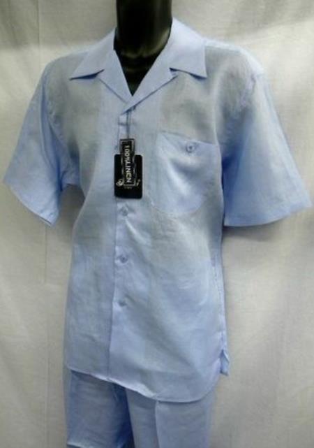 Men’s Light Blue Linen Walking Suit with Short Sleeve Shirt and Matching Pants, Summer Casual Outfit