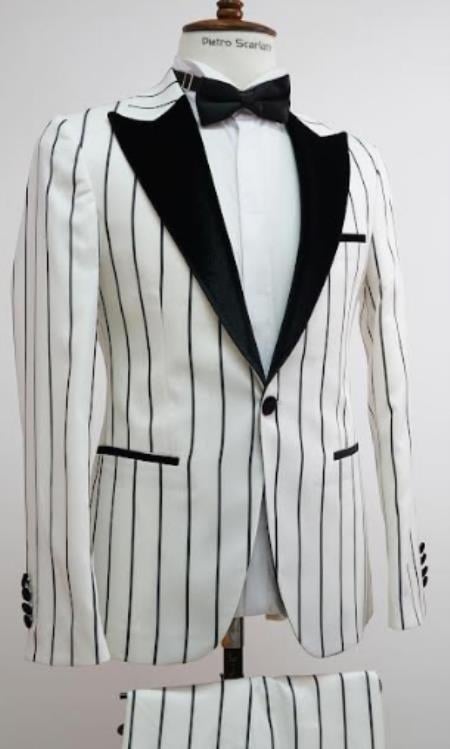 Vintage Tuxedo - White Wedding Suit - White and Black Pinstripe Groom Prom 2026 Suit