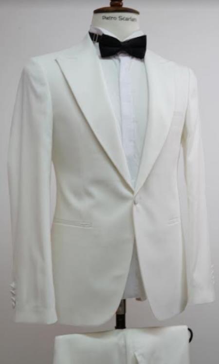 Mens One Button Peak Label Suit White