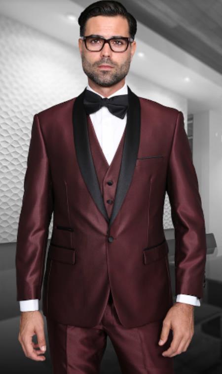 Burgundy Shiny Tuxedo Vested Suit - Sateen Sharkskin Fabric Suit