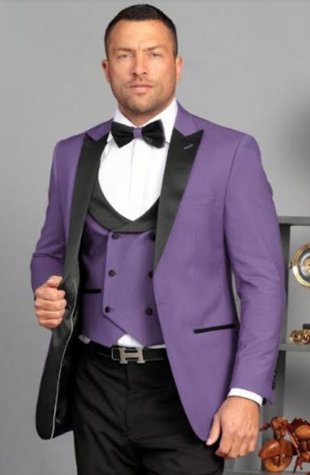 Mens 1 Button Lavender Tuxedo - Peak Lapel With Double Breasted Vest