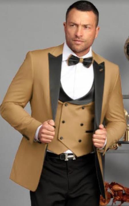 Mens One Button Peak Label Suit Camel