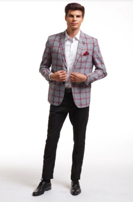 Mens Plaid Blazer - Windowpane Blazer - Textured Pattern Gray