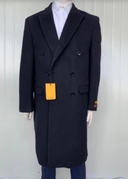Men’s Black Cashmere Blend Full Length Overcoat, Double Breasted Winter Dress Coat