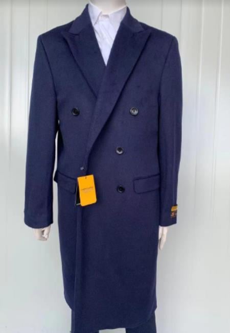 Mens Cashmere Blend Blue Coat Full length - Cashmere Overcoat