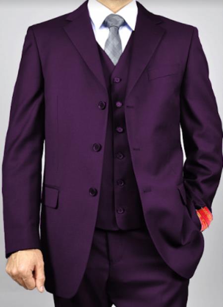 Classic Fit - 100% Dark Purple Suit - Three Button Vested Suit - Athletic Fit
