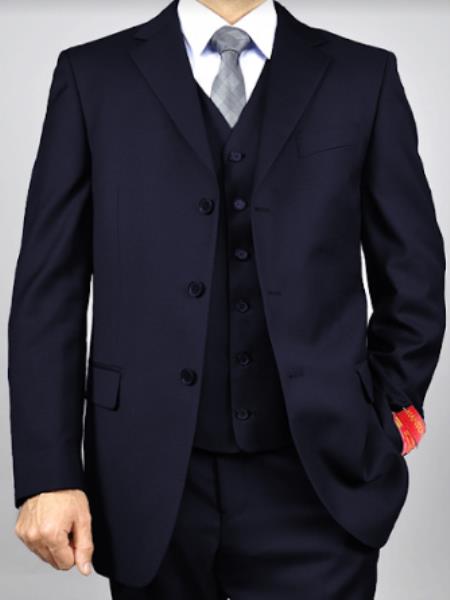 Classic Fit - 100% Navy Suit - Three Button Vested Suit - Athletic Fit