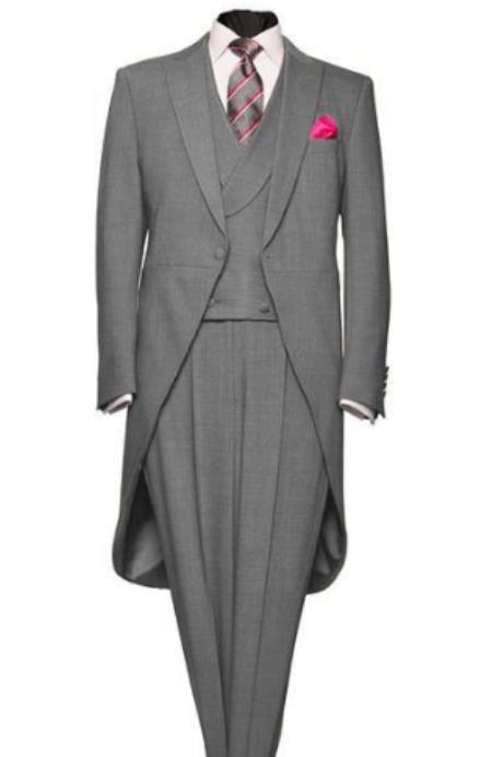 Men's Light Weight Peak Lapel Wool 1 Button Light Grey Morning Coat