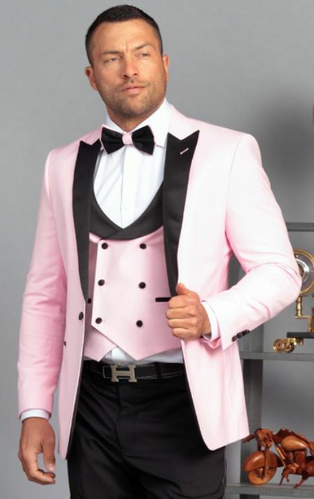 Ultra Slim Fit Prom 2025 Tuxedos - Pink Prom 2025 Suits with Double Breasted Vest - Homecoming Suit