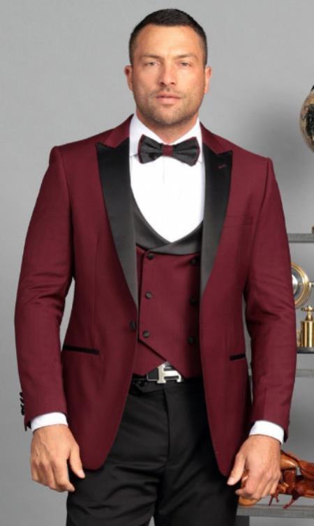 Ultra Slim Fit Prom 2025 Tuxedos - Burgundy Prom 2025 Suits with Double Breasted Vest - Homecoming Suit