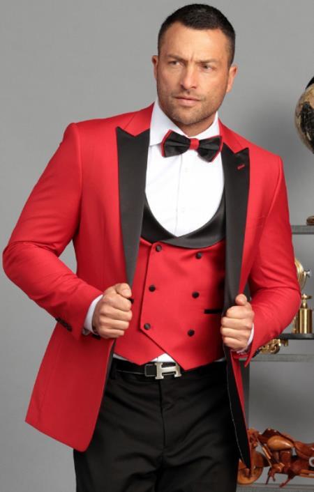 Ultra Slim Fit Prom 2025 Tuxedos - Red Prom 2025 Suits with Double Breasted Vest - Homecoming Suit