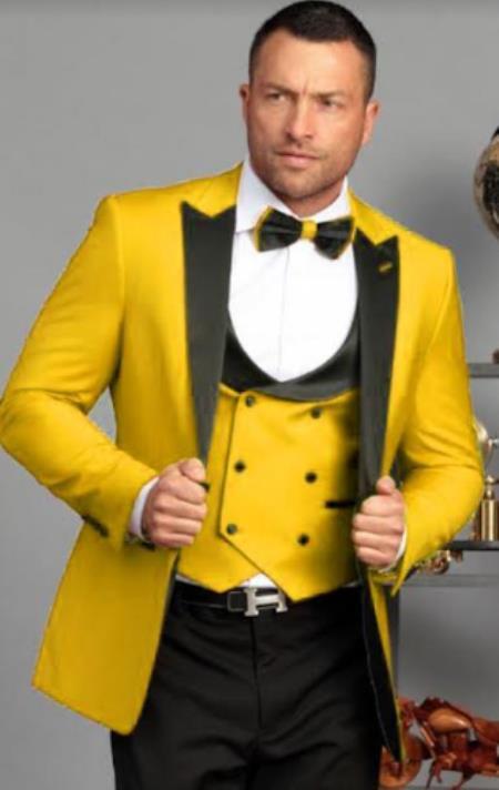 Ultra Slim Fit Prom 2025 Tuxedos - Yellow Prom 2025 Suits with Double Breasted Vest - Homecoming Suit
