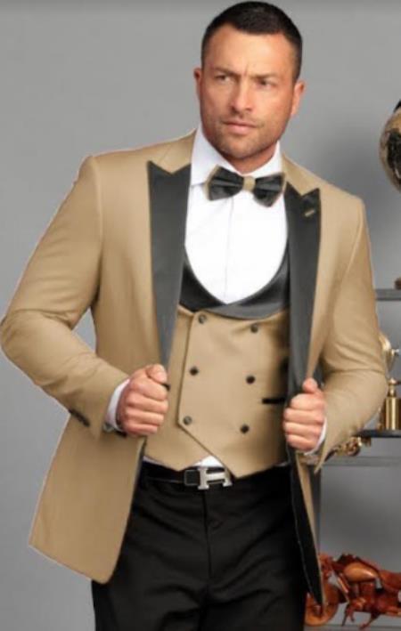 Ultra Slim Fit Prom 2025 Tuxedos - Tan Prom 2025 Suits with Double Breasted Vest - Homecoming Suit