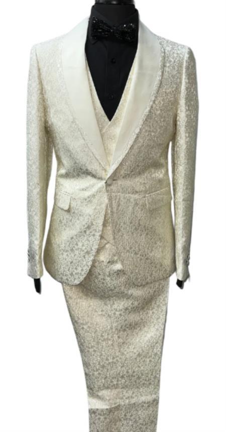 Cream Wedding Floral Pattern Mens Cream Suit