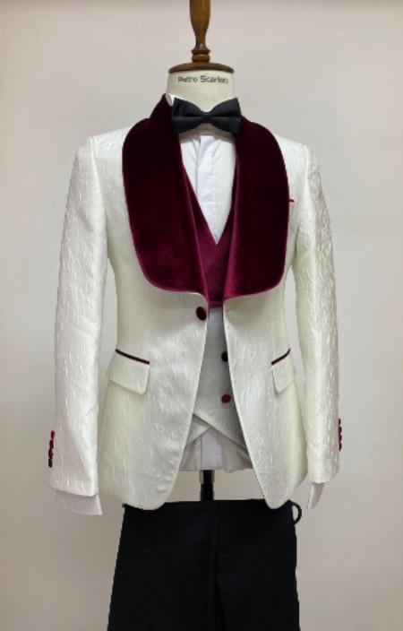 Cream Wedding Single Breasted Suit - Mens Cream Suit - Ivory and Burgundy