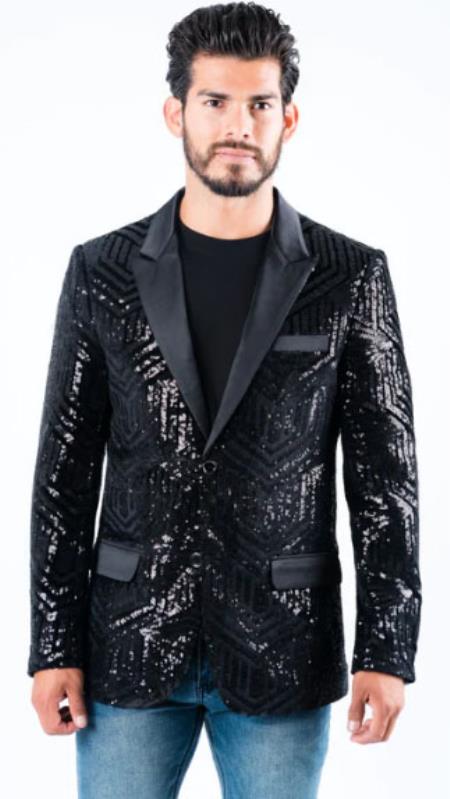 Mens Sequin Blazer - Shiny Stage Flashy Sport Coat - Slim Fit Black