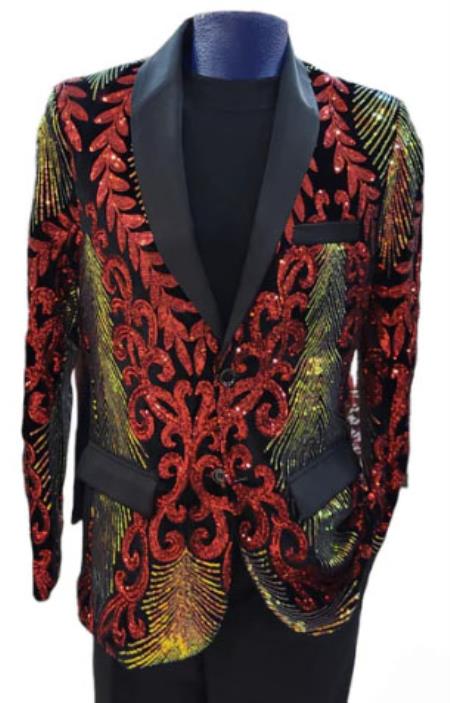 Mens Two Toned Sequin Blazer - Red Prom 2025 Shiny Tuxedo Slim Fit