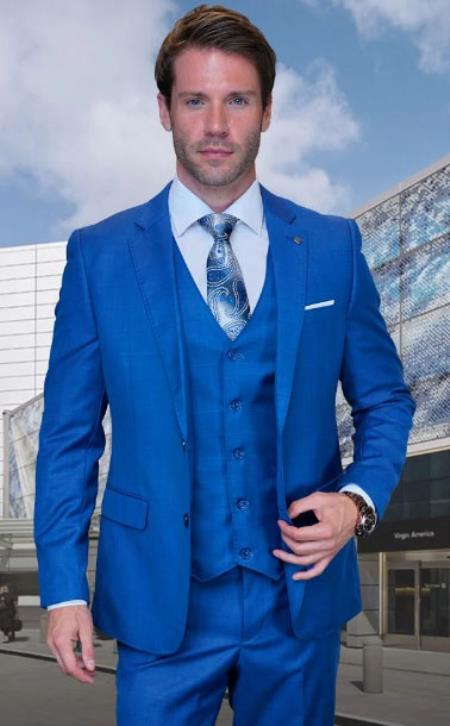 Statement Mens 3 Piece Suit - Tone on Tone Plaid Indigo
