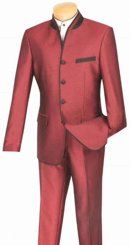 Wedding Groom Suit - Prom 2025 Tuxedo Suit - No Collar Weddig Tuxedo - Wine