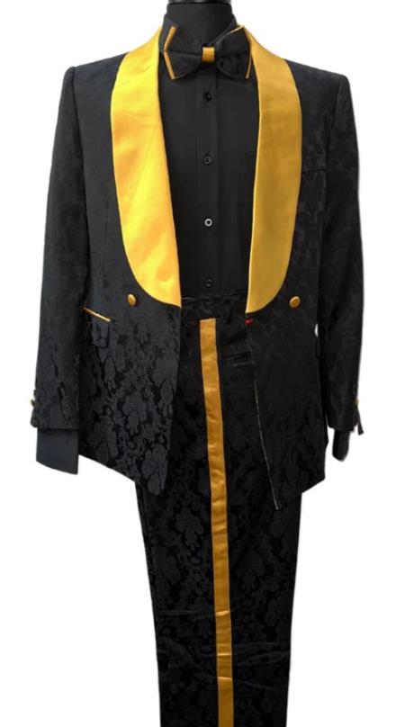 Mens 2 Button Shawl Lapel Suit Black ~ Gold