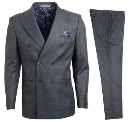 Stacy Adams Suit Mens Double Breasted Suit 1930s Gray Blue Plaid Big Lapels