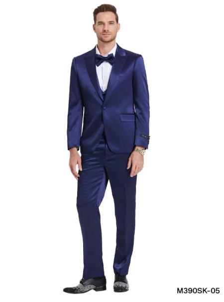 Mens Blue Shiny Suit - Flashy Sateen Suit With Bowtie - Wedding Suit S ...