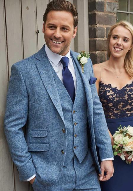 Mens Light Blue Tweed Suit - Groom Tweed Wedding Suit