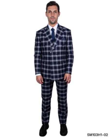 Mens Six Button Double Breasted Peak Lapel Hybrid Fit Suit Navy Blue ~ White