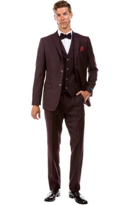 SKU#JA60651 Burgundy Suit - Herringbone Suit - Winter Vested Suit Tweed Suit Brown main image 1