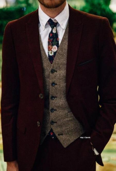 SKU#JA60647 Burgundy Suit - Herringbone Suit - Winter Vested Suit Tweed Suit Tan main image 0