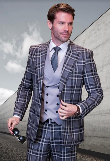 SKU#JA60660 Statement Suits - Plaid Suits - Vested Suits- Peak Lapel Suits - Black