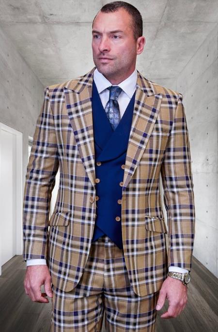 SKU#JA60661 Statement Suits - Plaid Suits - Vested Suits- Peak Lapel Suits - Camel