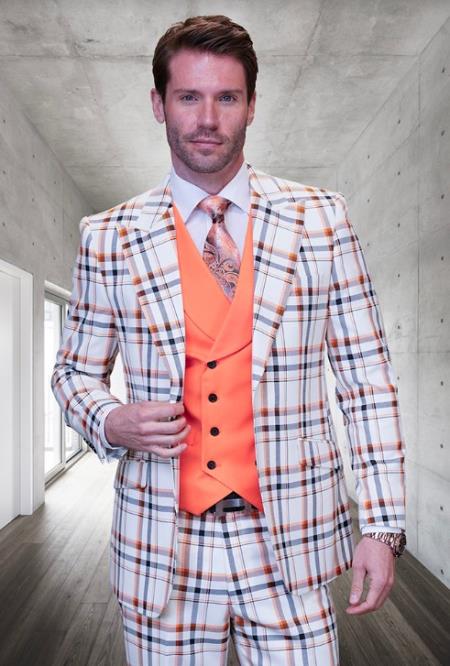 SKU#JA60665 Statement Suits - Plaid Suits - Vested Suits- Peak Lapel Suits - Orange