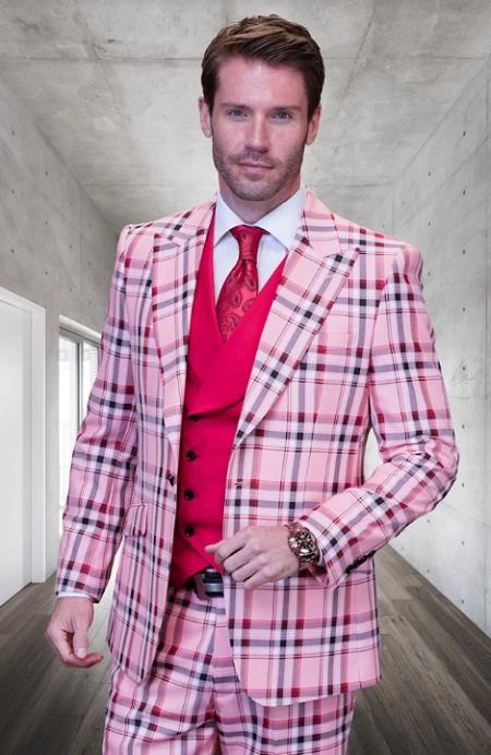 SKU#JA60666 Statement Suits - Plaid Suits - Vested Suits- Peak Lapel Suits - Pink