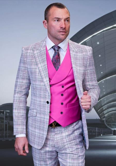 SKU#JA60668 Statement Suits - Plaid Suits - Vested Suits- Peak Lapel Suits - Pink