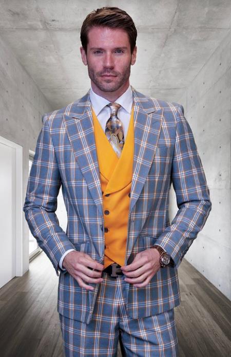 SKU#JA60673 Statement Suits - Plaid Suits - Vested Suits- Peak Lapel Suits - Grey