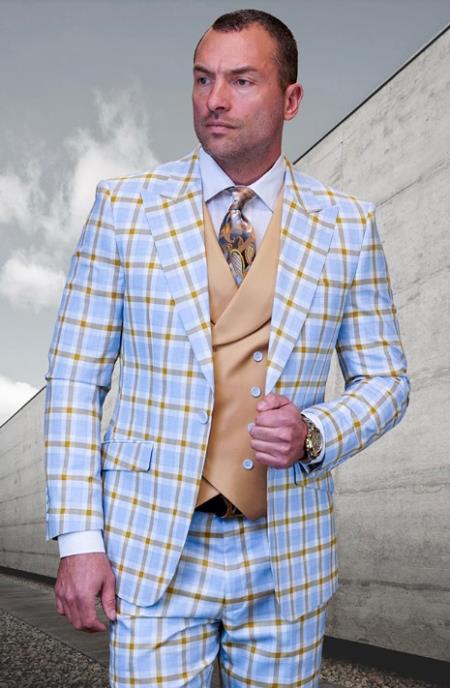 SKU#JA60675 Statement Suits - Plaid Suits - Vested Suits- Peak Lapel Suits - Blue