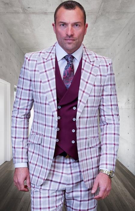 SKU#JA60716 Statement Suits - Plaid Suits - Vested Suits- Peak Lapel Suits - Burgundy