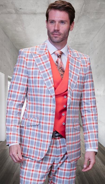 SKU#JA60717 Statement Suits - Plaid Suits - Vested Suits- Peak Lapel Suits - Coral