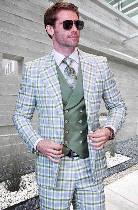 SKU#JA60718 Statement Suits - Plaid Suits - Vested Suits- Peak Lapel Suits - Olive