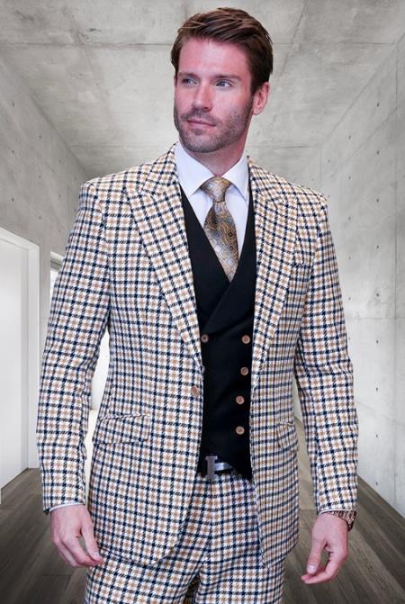 SKU#JA60721 Statement Suits - Plaid Suits - Vested Suits- Peak Lapel Suits - Camel